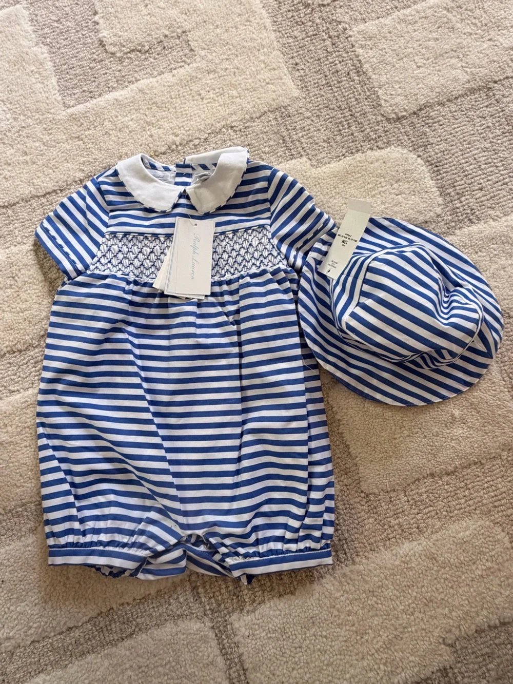 Ralph Lauren Blue and White Striped Smocked Baby Romper with Matching Hat